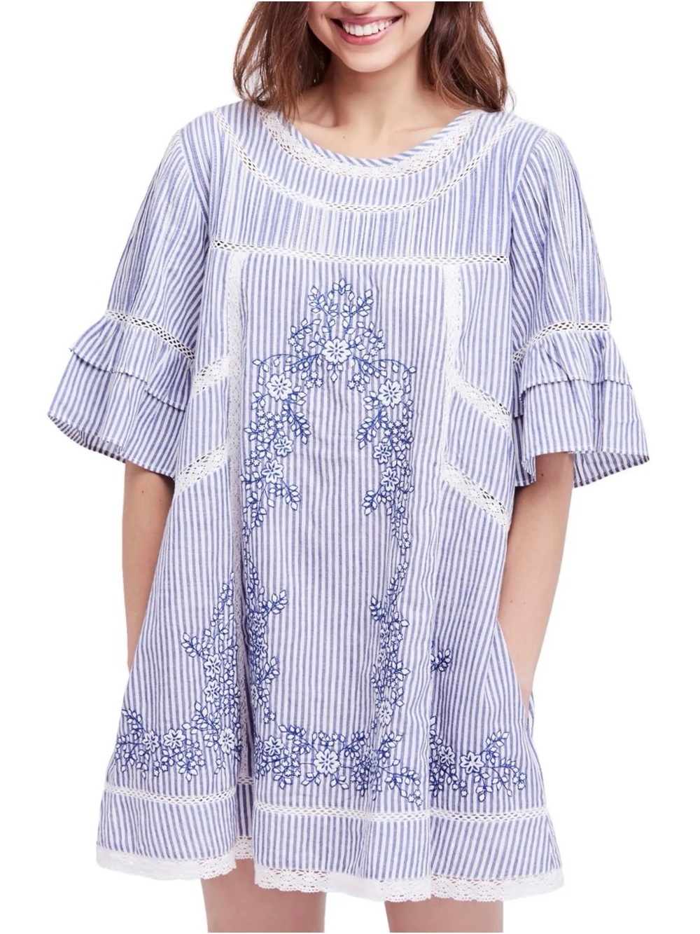 Free People Sunny Day Embroidered Shirt Dress Flutter Sleeves Pockets Size XS​​